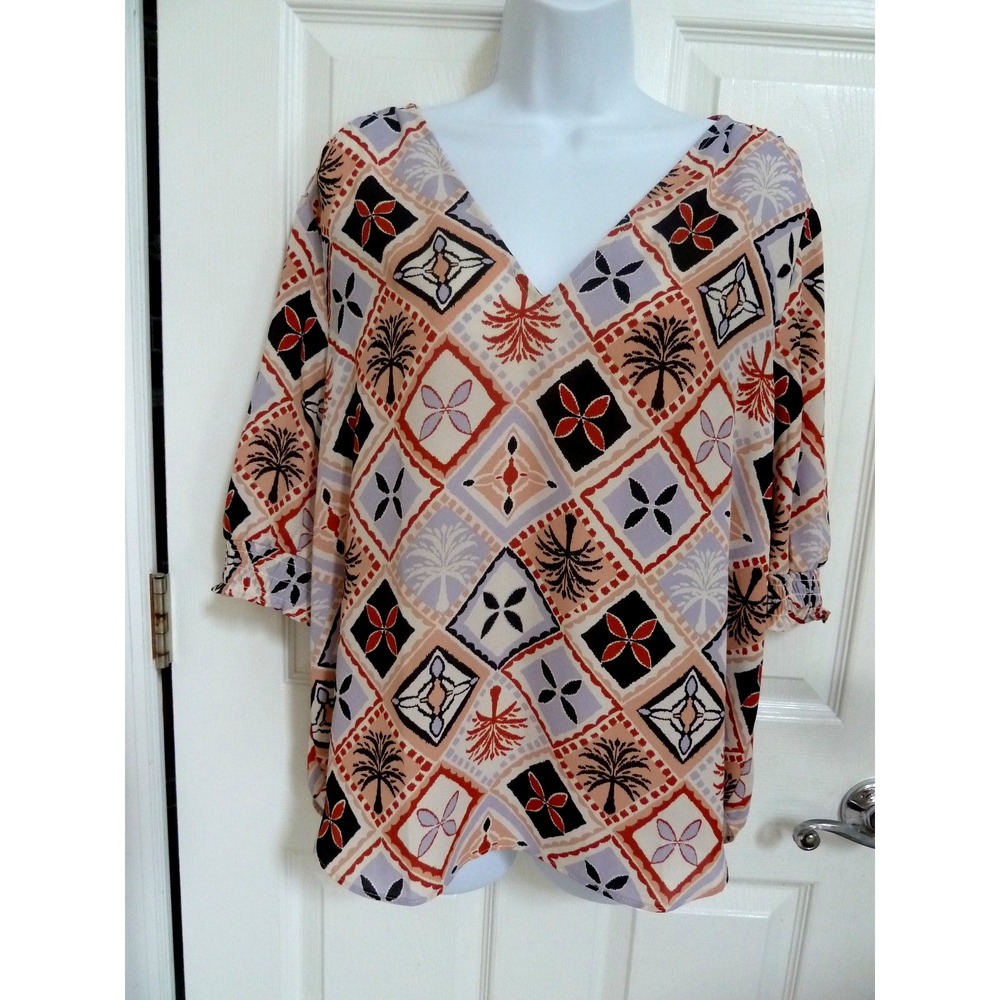 Ann Taylor XL Blouse Puff Sleeve V-Neck Patchwork Artsy Office Top Multicolor